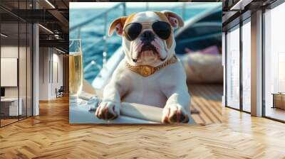 A bulldog wearing sunglasses and a gold chain sits on a yacht with two glasses of champagne in the foreground. Wall mural