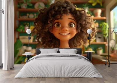 A cheerful girl with curly hair smiles in a cozy kitchen filled with plants and decor. Wall mural