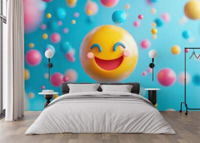 A cheerful yellow smiley face with big eyes and red smile surrounded by colorful spheres against a blue background. Wall mural