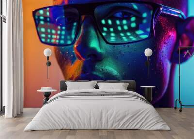 A close-up of a person wearing reflective glasses with vibrant neon lights. Wall mural