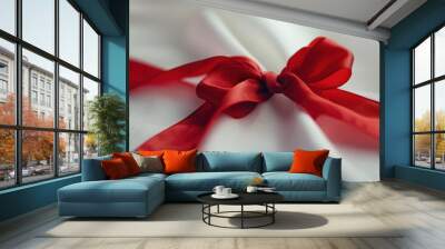 A close-up of a white fabric with a red ribbon tied in a bow, suggesting a gift or celebration. Wall mural