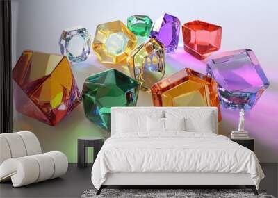 A collection of colorful, faceted glass gems with light reflections. Wall mural