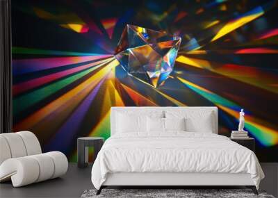 A crystal prism casts rainbow-colored light onto a dark surface. Wall mural