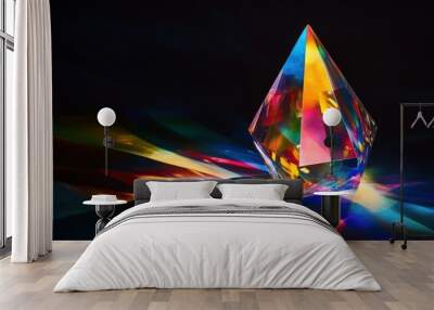 A crystal prism casts rainbow light on a black background. Wall mural