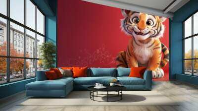 A cute animated tiger cub with a friendly smile against a red background. Wall mural