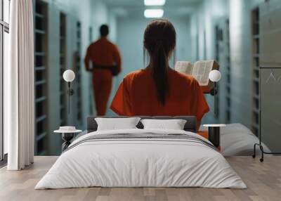 A female inmate in an orange jumpsuit sits on a bed in a prison hallway and reads a book.  A male inmate walks away in the distance. Wall mural