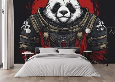 A fierce panda warrior with black and gold armor, red cape, and two swords. Wall mural