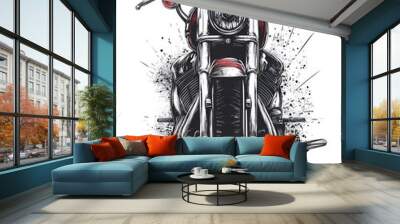 A front view illustration of a black and white motorcycle with a black tire against a white background with black splatters. Wall mural