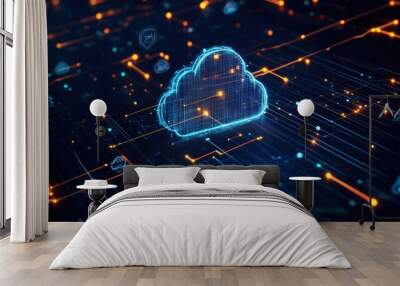 A glowing blue cloud icon surrounded by lines and dots on a dark background. Wall mural