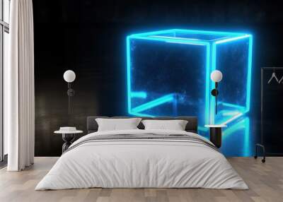 A glowing blue neon cube sits on a reflective surface. Wall mural