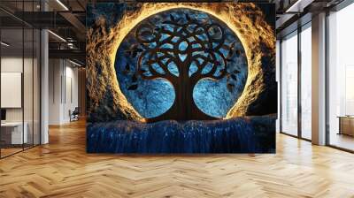 A glowing tree of life carved into a rock face is illuminated by a golden light and sits above a waterfall. Wall mural