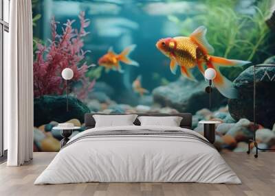 A goldfish swims in a freshwater aquarium with rocks and plants. Wall mural