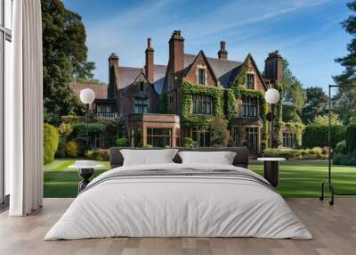 A grand, ivy-covered brick mansion with a manicured lawn and lush greenery. Wall mural