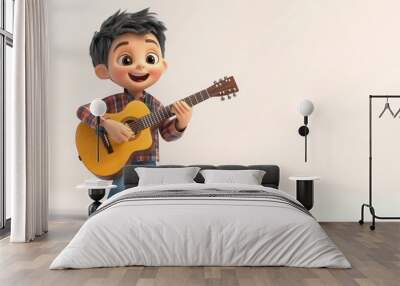 A happy cartoon boy plays a guitar with a big smile on his face. Wall mural