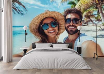 A happy couple in love takes a selfie on the beach. Wall mural