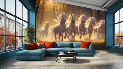 A herd of white horses gallops through a sunlit forest, their manes flowing in the wind, creating a magical and ethereal scene. Wall mural