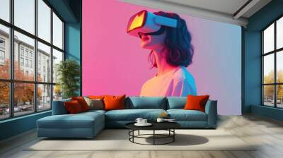 A joyful hipster girl experiences virtual reality bliss with a playful smile against a vibrant pastel backdrop Wall mural