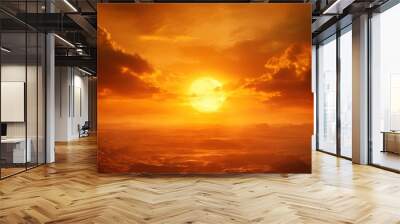 A large sun shines through clouds over an alien landscape of red mountains and hills. Wall mural