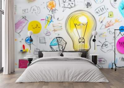 A light bulb hanging above a white board covered with colourful doodles. Wall mural