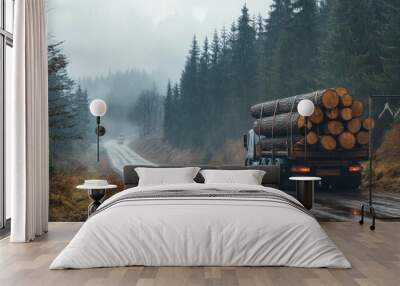 A logging truck transports logs on a wet forest road. Wall mural