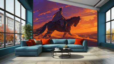 A lone rider on horseback gallops across the desert sands as the sun sets, casting a warm glow on the landscape. Wall mural