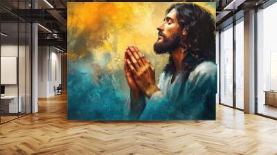 A man with a beard and long hair is praying with his hands clasped together. He is wearing a white robe. The background is a blue and yellow abstract painting. Wall mural