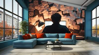 A person working at a computer surrounded by scattered papers in a dimly lit room. Wall mural