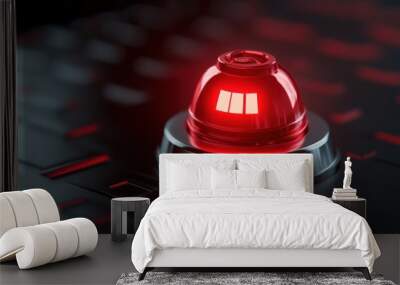 A red alarm button with a glowing light, illuminated in a dark futuristic setting. Wall mural