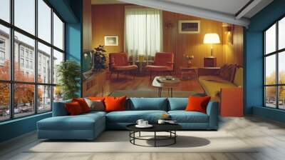 A retro living room with wood paneling, two armchairs, a couch, a television, and a lamp. Wall mural