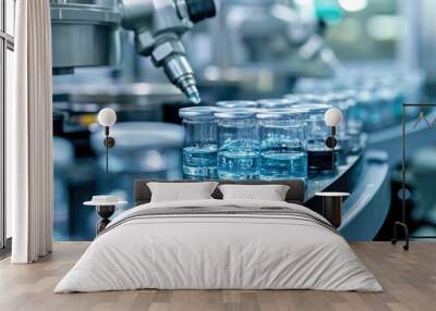 A robotic arm fills small glass vials with blue liquid on a production line. Wall mural