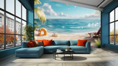 A serene beach scene with a lifebuoy, shells, and a lounge chair by the water. Wall mural