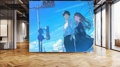 A serene urban scene featuring two young individuals by a traffic light under a bright sky. Wall mural