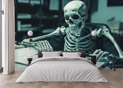 A skeleton sitting at a desk, looking at papers with a serious expression. Wall mural