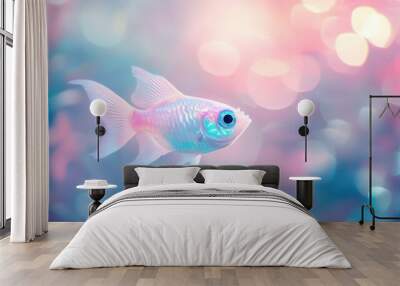 A small, iridescent fish with blue eyes swims in a tank with a blurry background of pink, blue and white bokeh. Wall mural