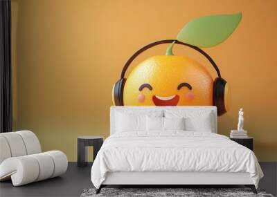 A smiling orange with headphones and a green leaf on top, standing on a yellow background. Wall mural