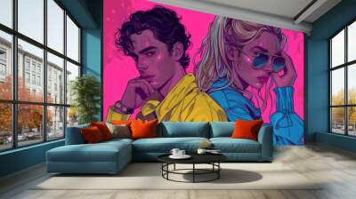 A vibrant digital illustration of two stylish individuals against a colorful background. Wall mural