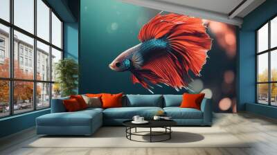 A vibrant red and blue betta fish with long flowing fins swims in a tank with a bokeh background. Wall mural