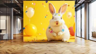 A white rabbit with colorful confetti stickers on a yellow background surrounded by balloons and confetti. Wall mural