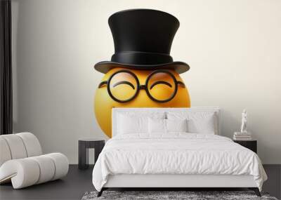 A yellow smiley face egg wearing a top hat, glasses, and a bow tie is laughing. Wall mural