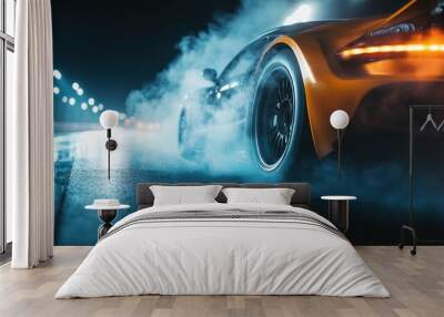 A yellow sports car with black wheels and smoke trailing behind it as it drives on a wet asphalt track at night. Wall mural