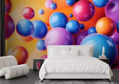 Abstract background of colorful glossy spheres on orange. Wall mural