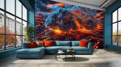 Abstract cloud computing concept with glowing circuit board and data flow. Wall mural