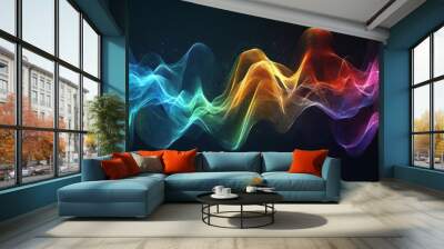 Abstract colorful glowing lines and particles in a wave pattern on a dark background. Wall mural