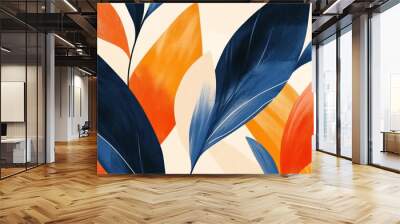 Abstract  painting with blue, orange, and pink leaves on a white background. Wall mural