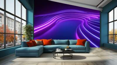 Abstract purple and blue neon light glowing stripes on a dark background. Wall mural