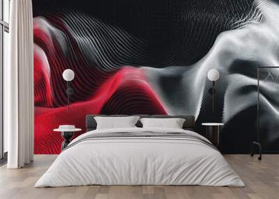 Abstract red and white curved lines on black background. Wall mural