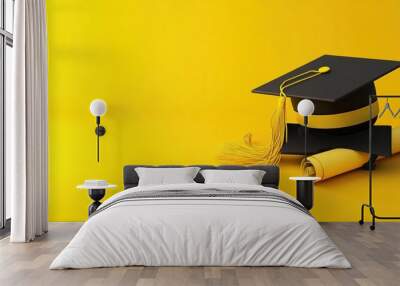 Black Graduation Cap and Yellow Diploma on a Yellow Background. Wall mural