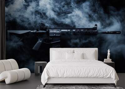 Black rifle with a scope on top, laying on a black background with smoke. Wall mural