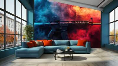 Black semi-automatic rifle with red dot scope on a background of red and blue smoke. Wall mural