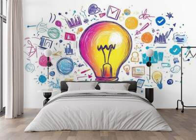 Bright light bulb with colorful hand drawn graphics surrounding it. Wall mural